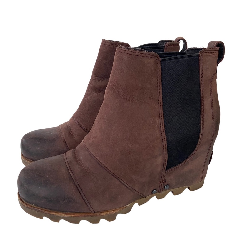 Sorel Lea Wedge Boots Brown Leather Ankle Booties Size 6.5 NL2704-628